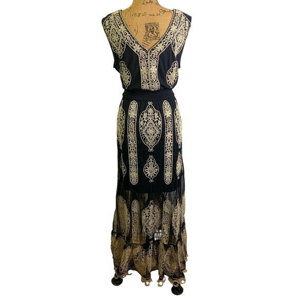 BOSTON PROPER Dress NWT‎ XLarge V-Neckline Smocked High Low Metallic Lace Inset - Picture 2 of 16